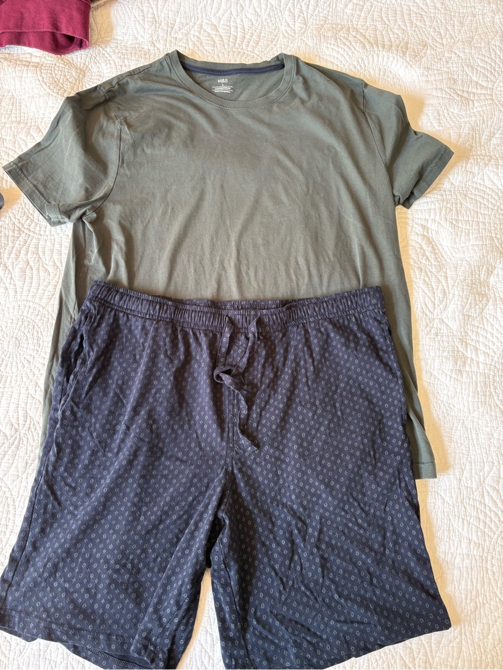Men’s Mark and Spencer UK Olive Crew Neck Tee & Navy Cotton Boxers Pajama Set